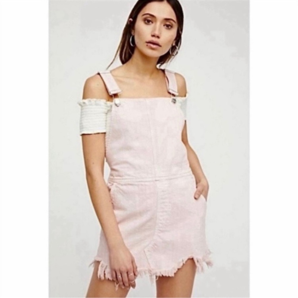 Free People Distressed Frayed Light Pink Denim Overall dress